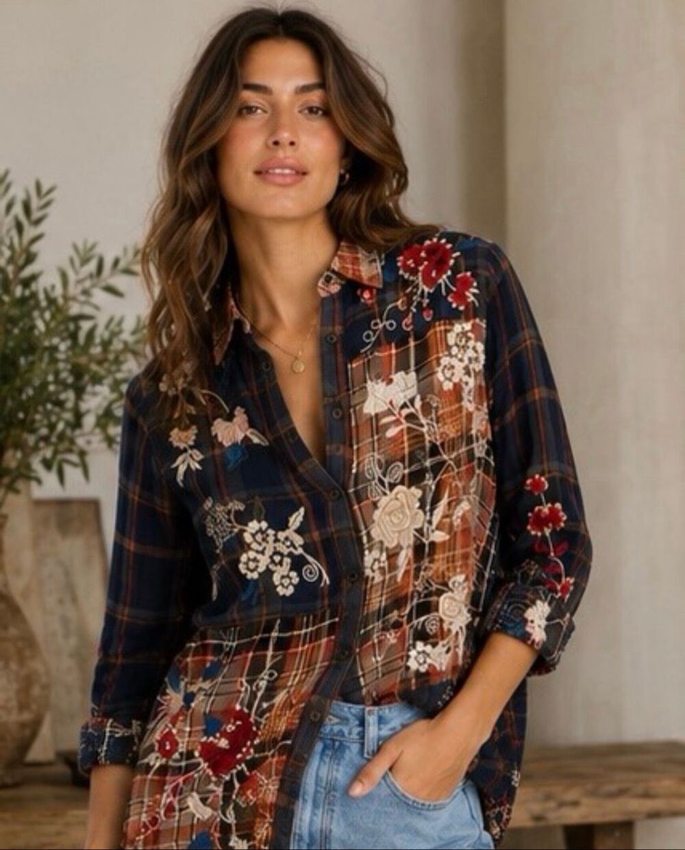 Johnny Was Workshop Freja Embroidered Plaid Mix Oversized Button Shirt Blue Sz M